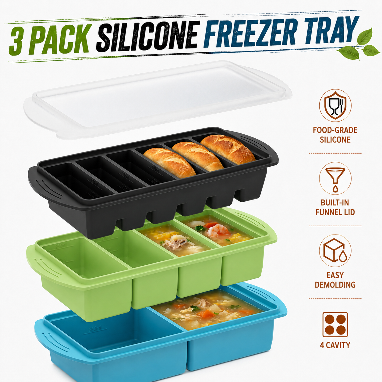 3 Pack Silicone Freezer Trays  – обзор и цена Meal Prep Menu